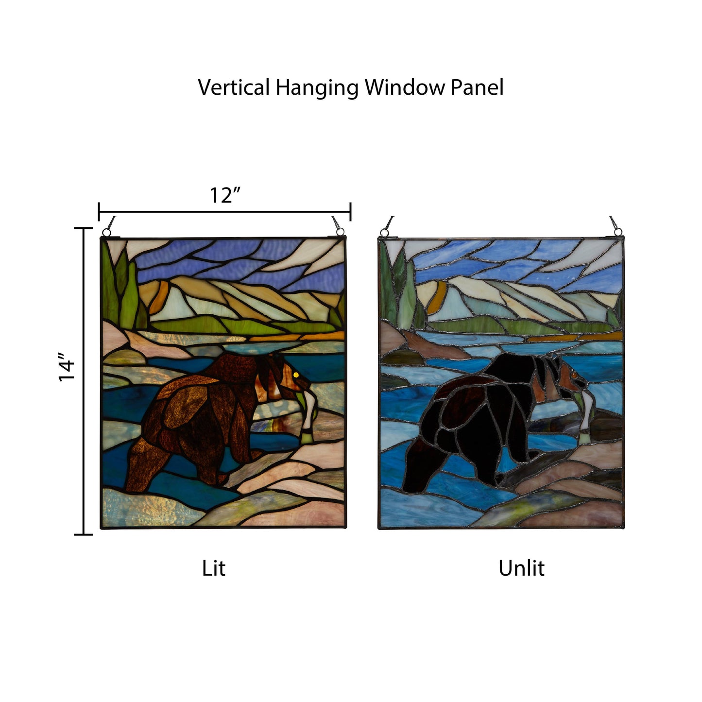 12" Fishing Bear Nature Stained Glass Window Panel