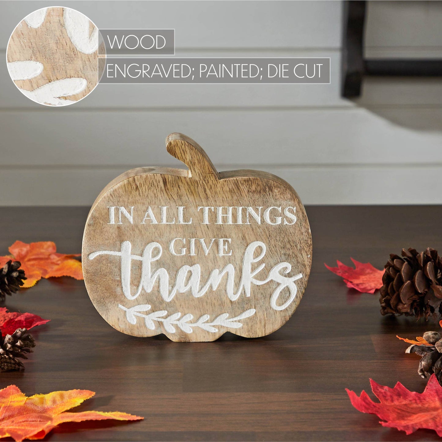 In All Things Give Thanks Wood Pumpkin Tabletop Decor