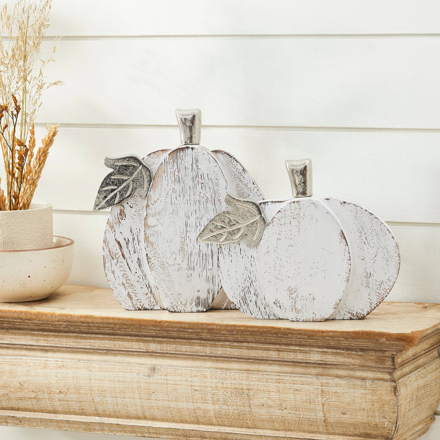White Wash Wood Pumpkin 2 Piece Rustic Fall Decor