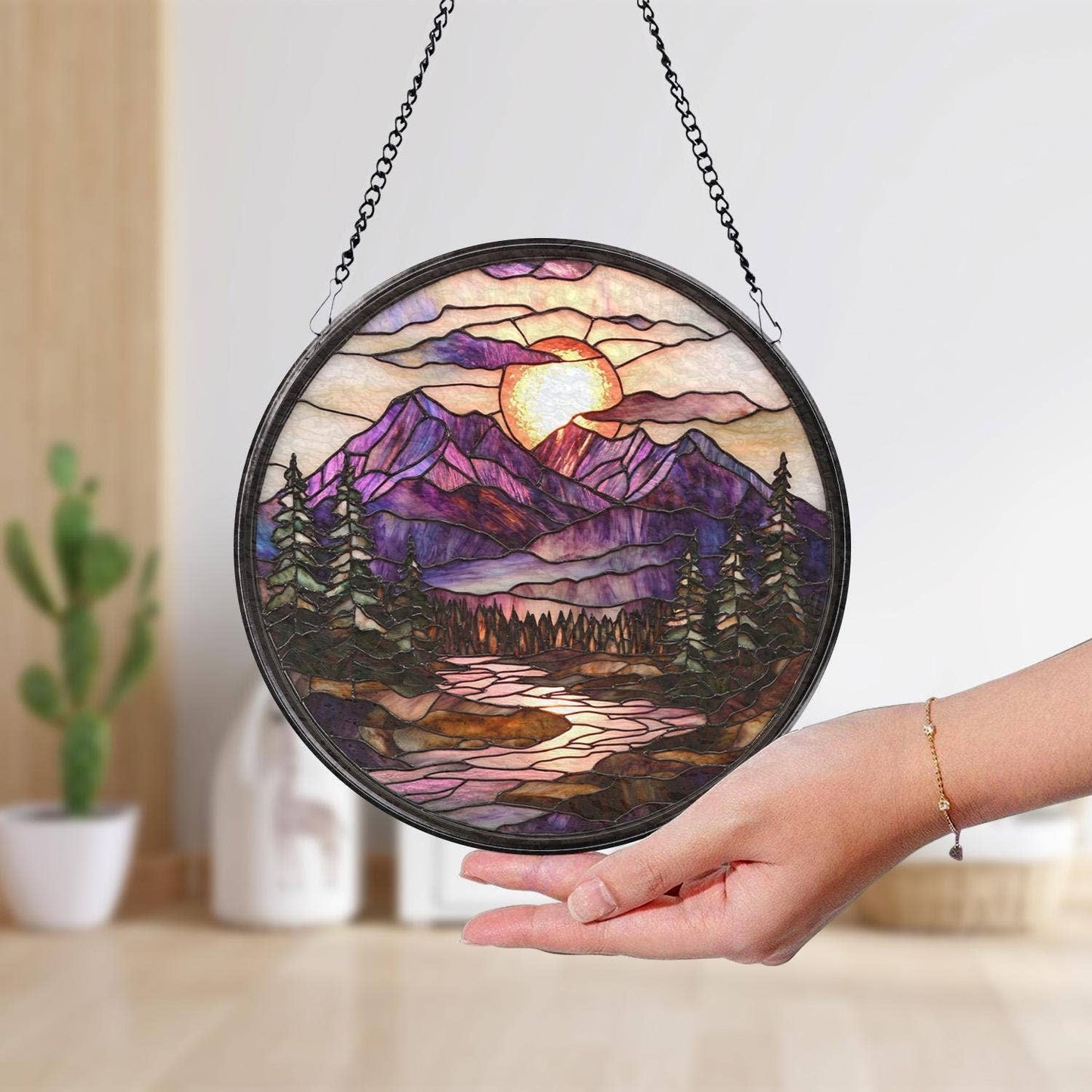 Mountain Sunset Stained Glass Suncatcher, Forest Landscape