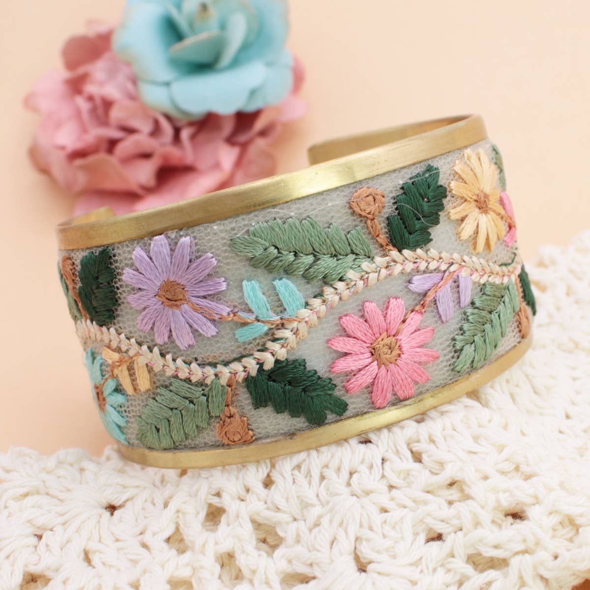 Floral Vines Embroidered Cuff Bracelet