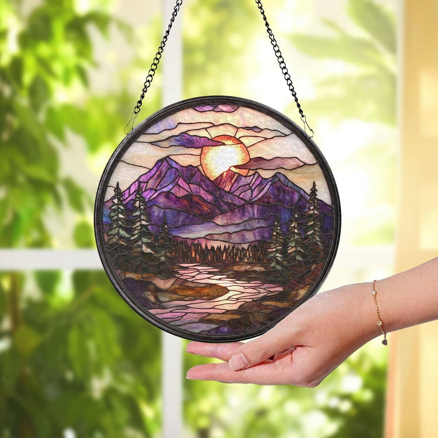 Mountain Sunset Stained Glass Suncatcher, Forest Landscape