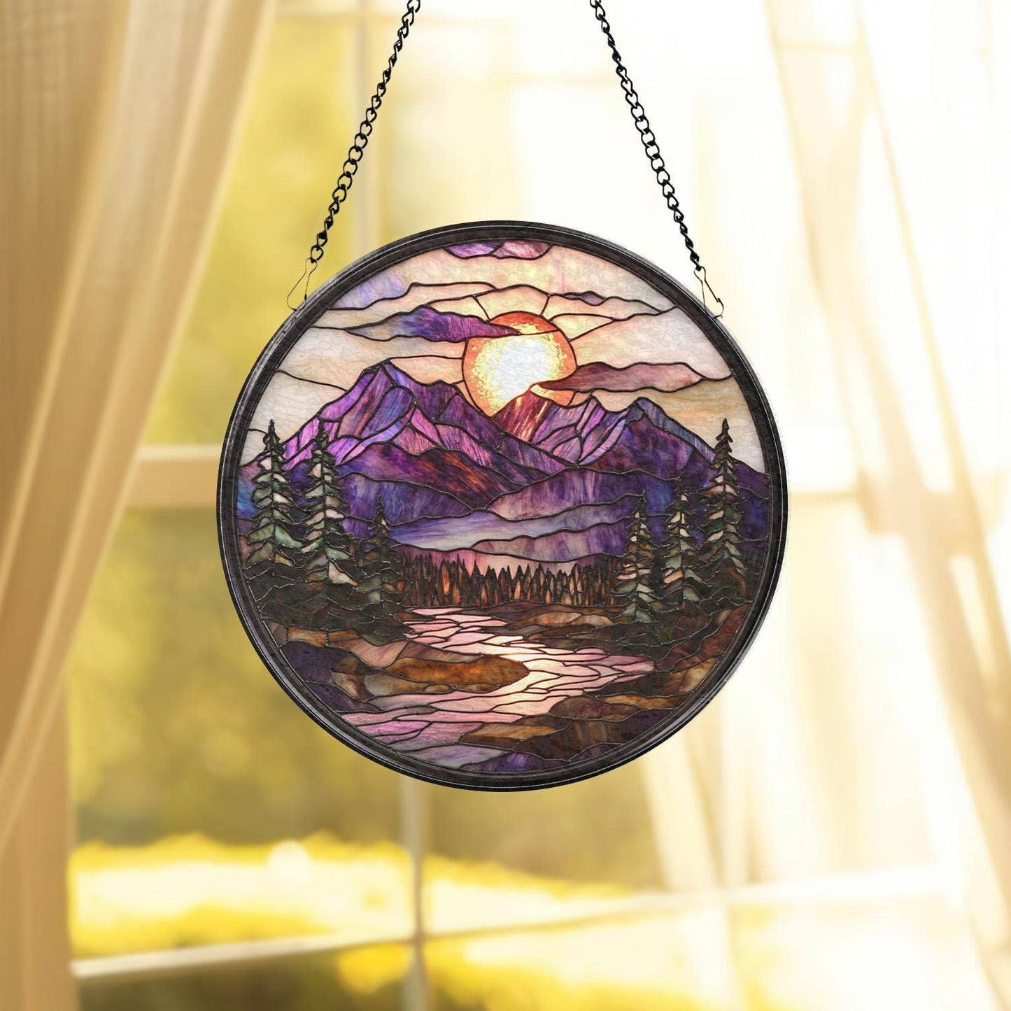 Mountain Sunset Stained Glass Suncatcher, Forest Landscape
