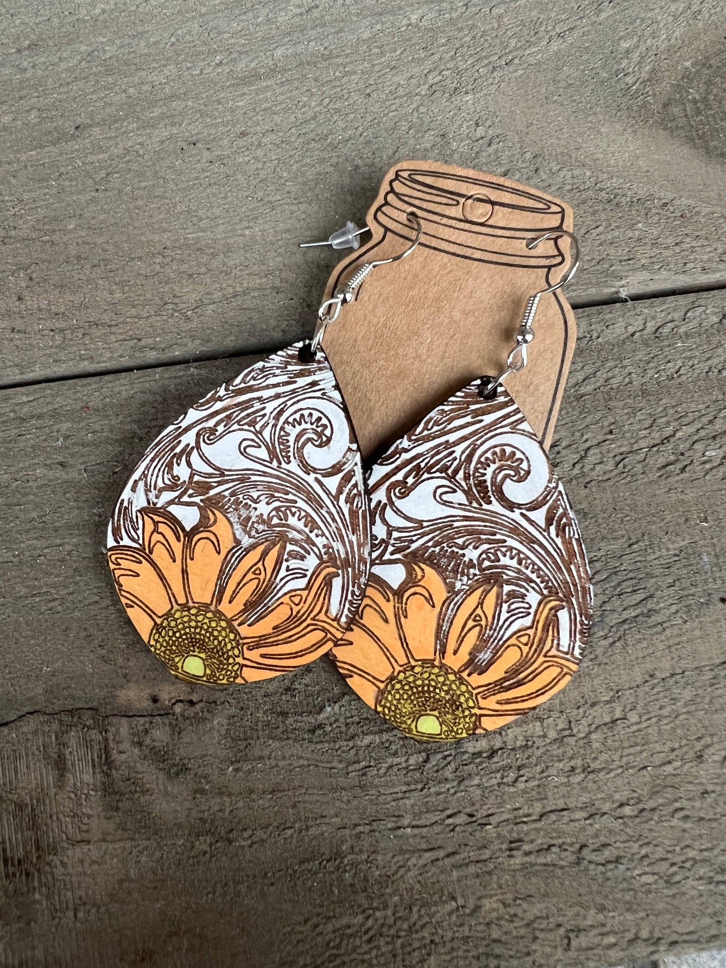 Sunflower Wester Engraved Hand painted Wood Cutout Earrings