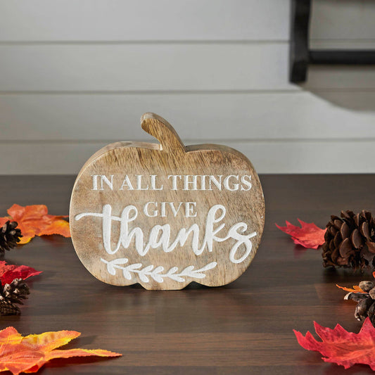 In All Things Give Thanks Wood Pumpkin Tabletop Decor