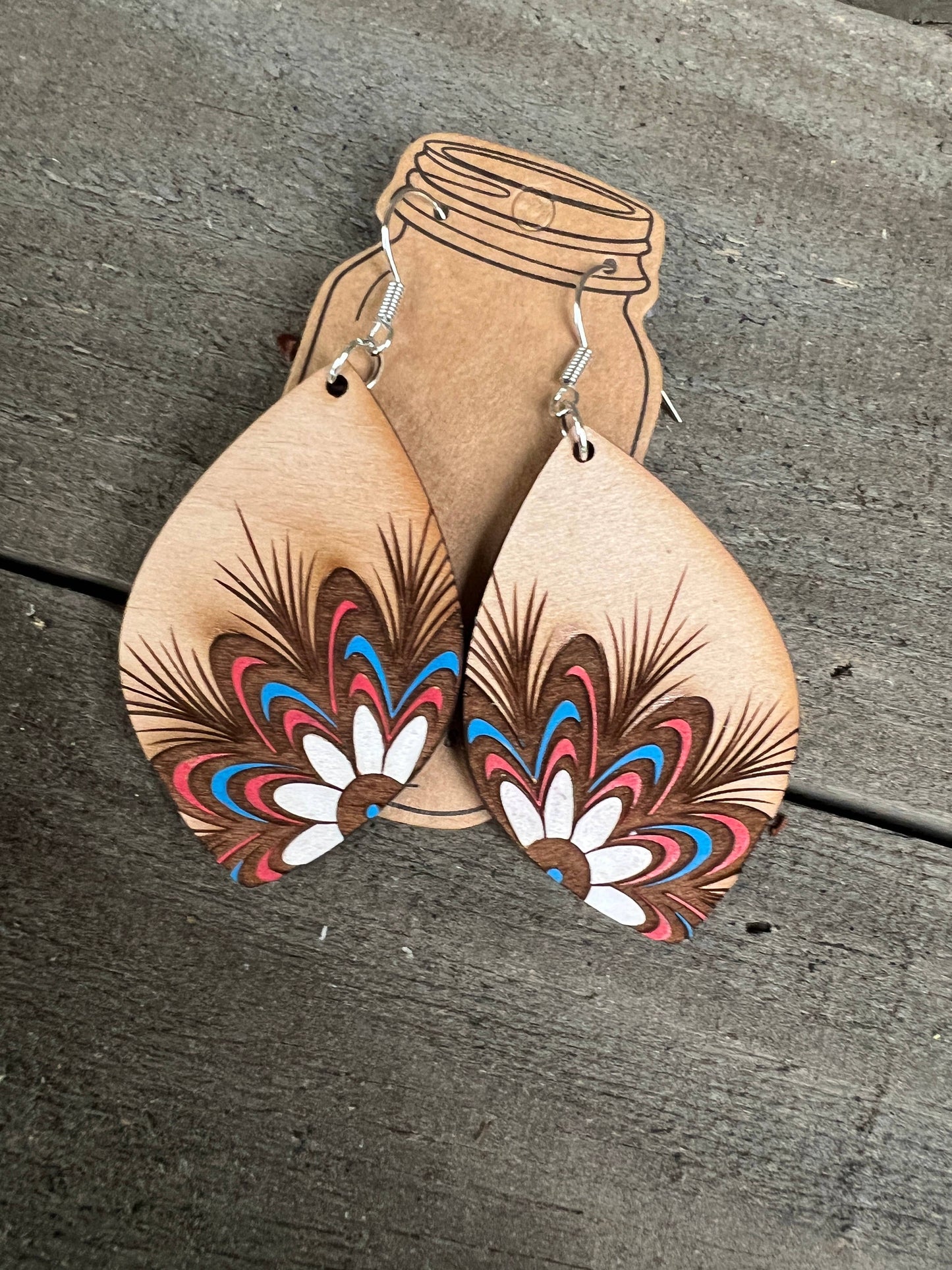 Red White and Blue Floral Engraved painted Wood  Earrings 