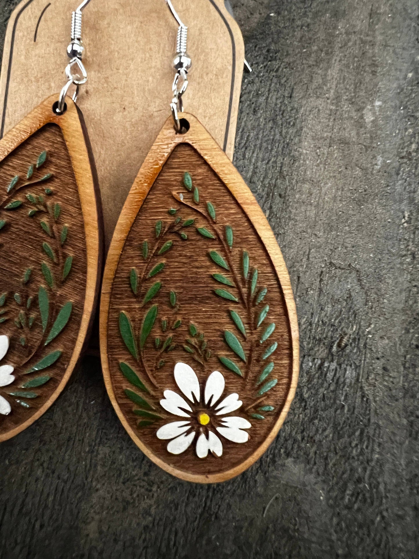  Daisy floral Western Hand Painted Wood Cutout Earrings 