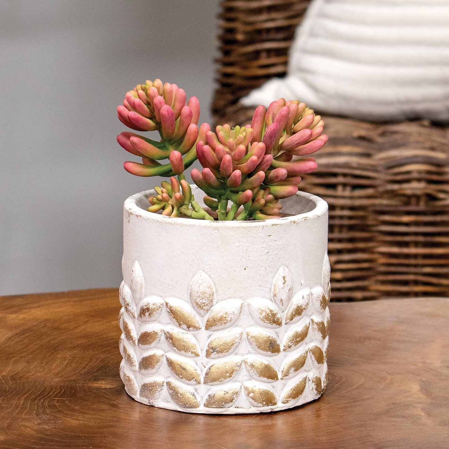 Gold Distressed White Wheat Embossed Cement Planter