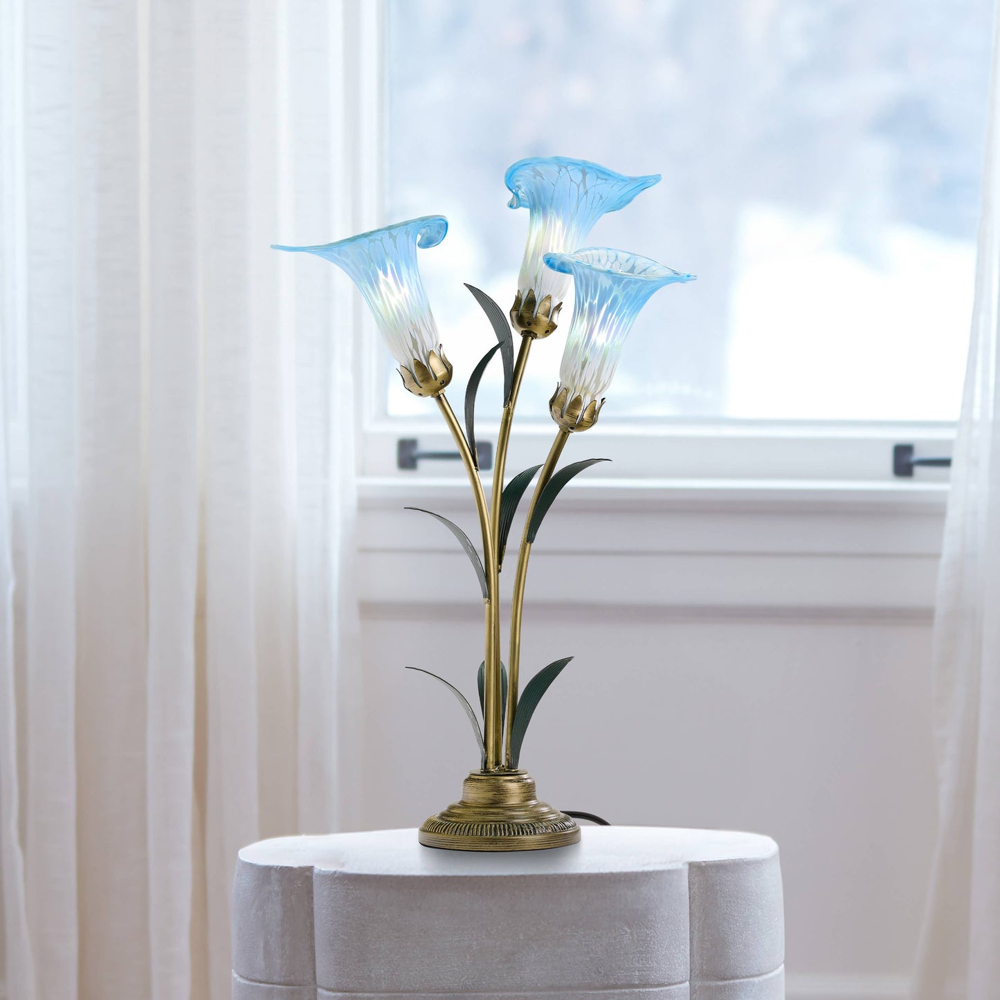 23.5" 3-Light Blue Handblown Glass Calla Lily Table Lamp