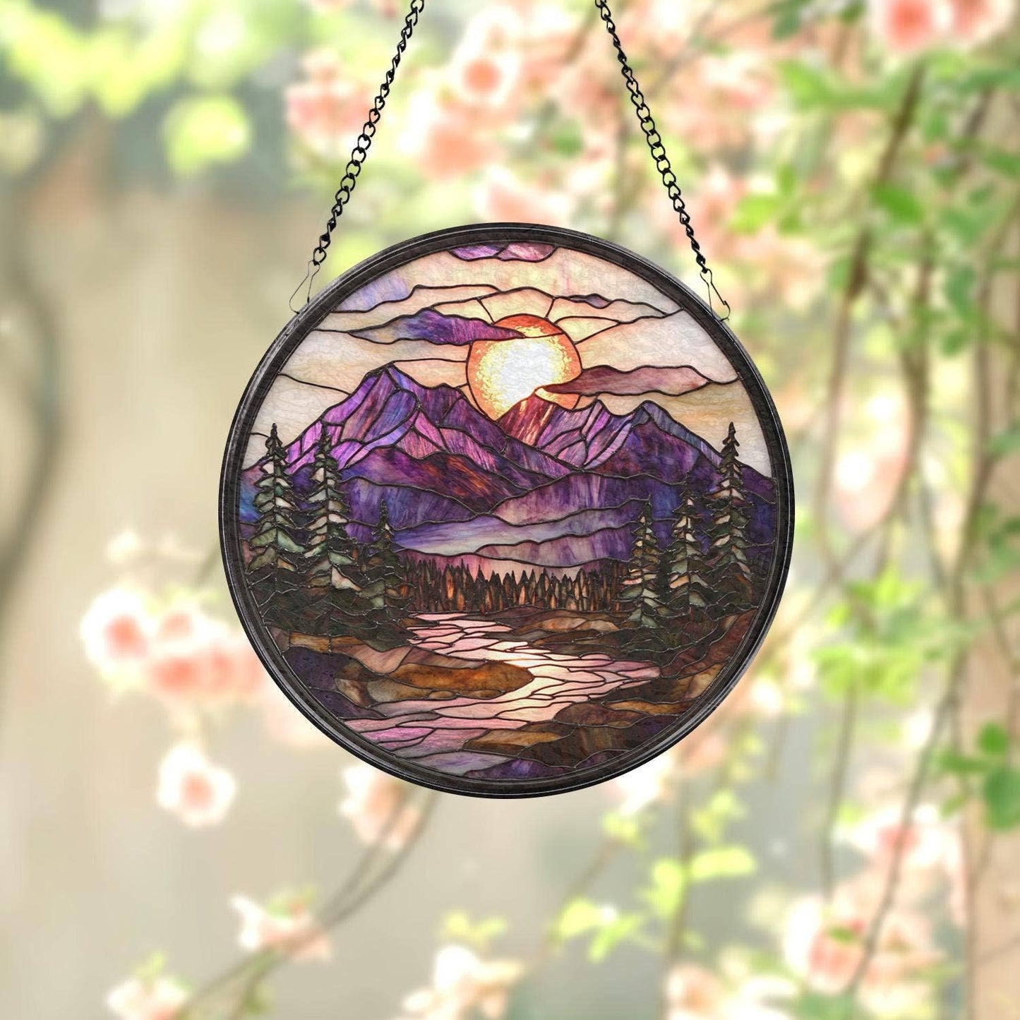 Mountain Sunset Stained Glass Suncatcher, Forest Landscape