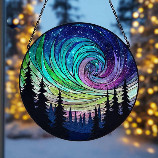 Aurora Borealis Suncatcher, Forest Northern Lights Window