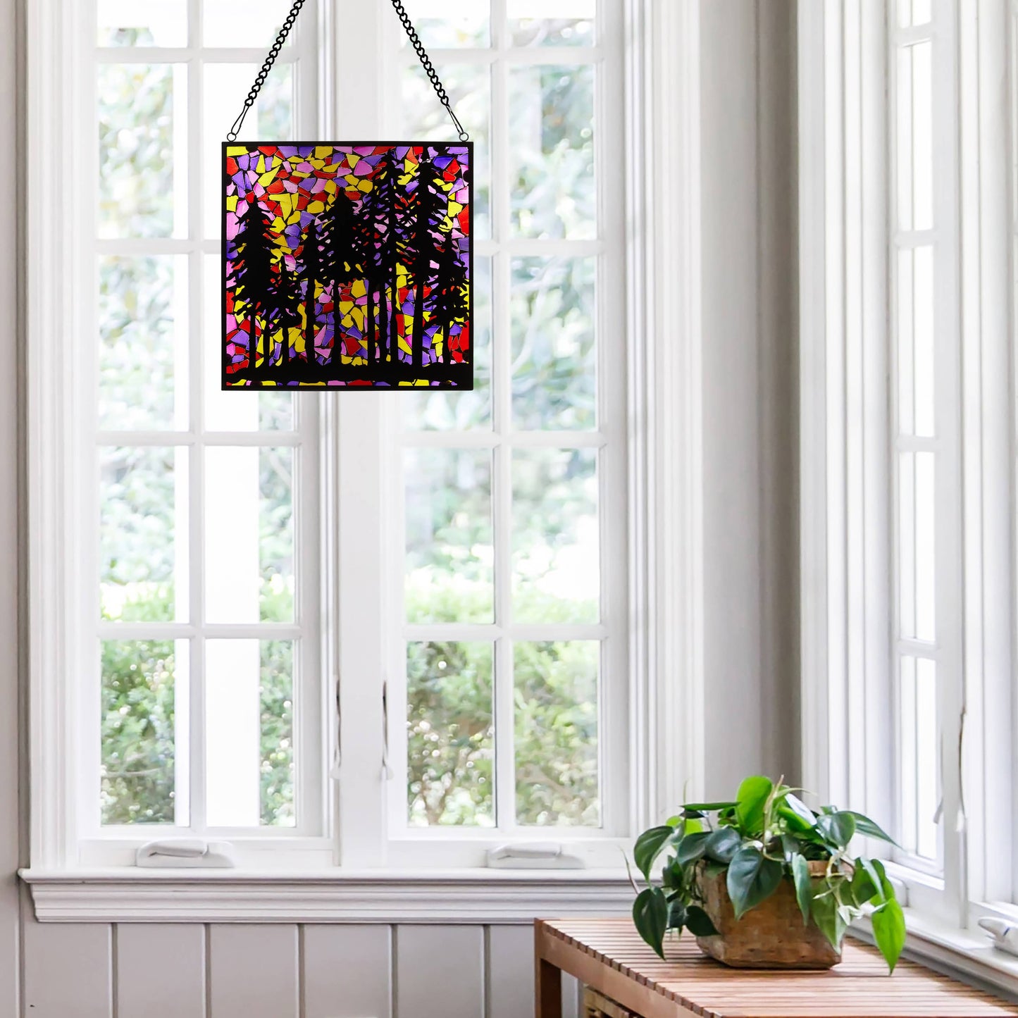 12"W Colorful Mosaic Landscape Stained Glass Window Panel