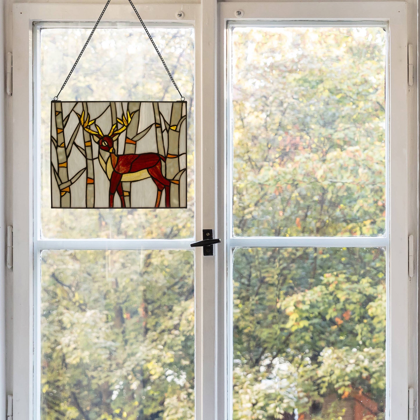 14" Majestic Deer Forest Stained Glass Window Panel