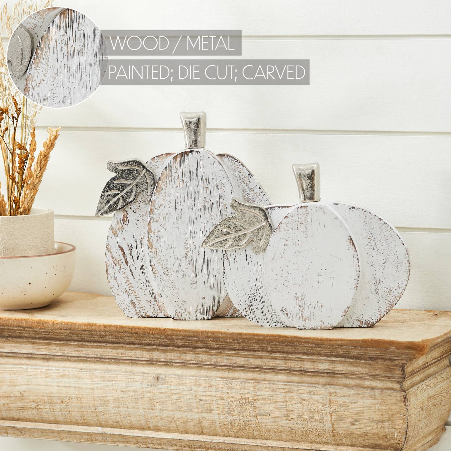 White Wash Wood Pumpkin 2 Piece Rustic Fall Decor
