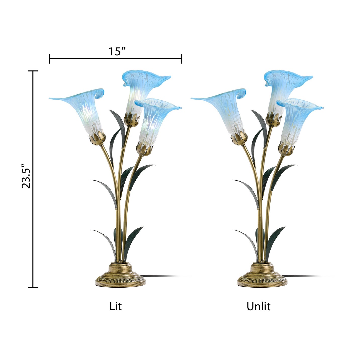 23.5" 3-Light Blue Handblown Glass Calla Lily Table Lamp