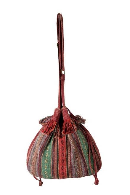 Boho Striped Tibetan Drawstring Sling Bag with Patchwork