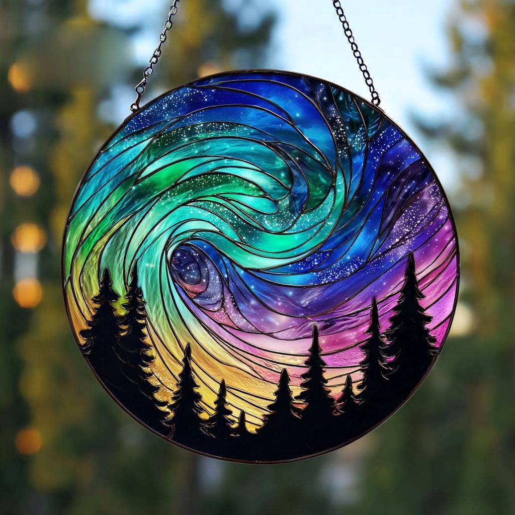 Aurora Borealis Suncatcher, Forest Northern Lights Window