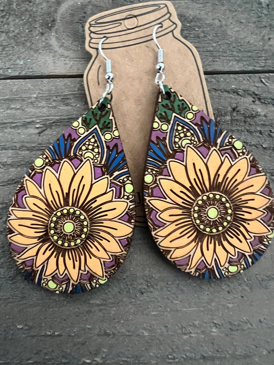 Full Boho Sunflower Engraved Hand painted Wood Earrings
