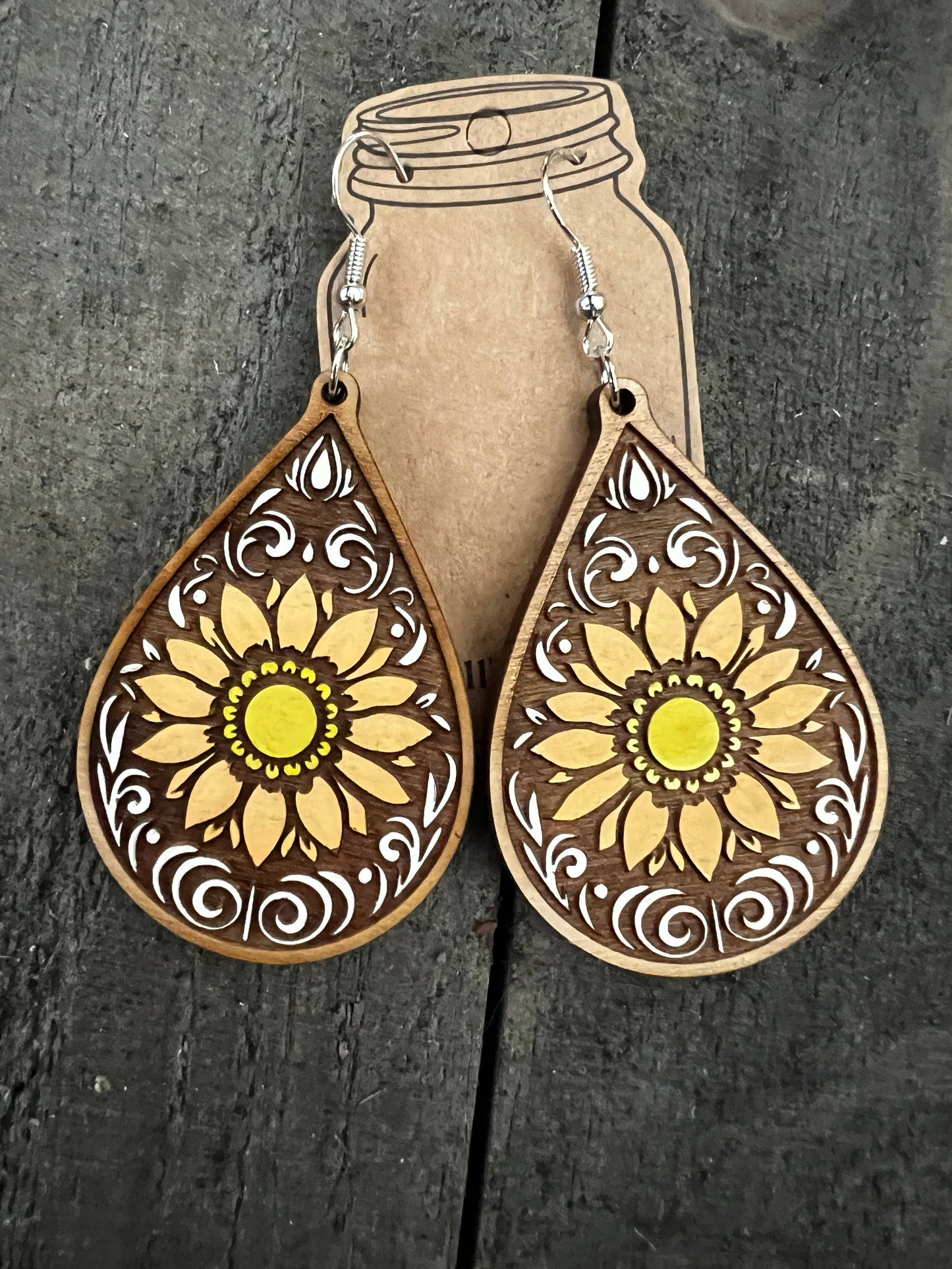 Sunflower Paisley Western Hand Painted Wood Cutout Earrings 
