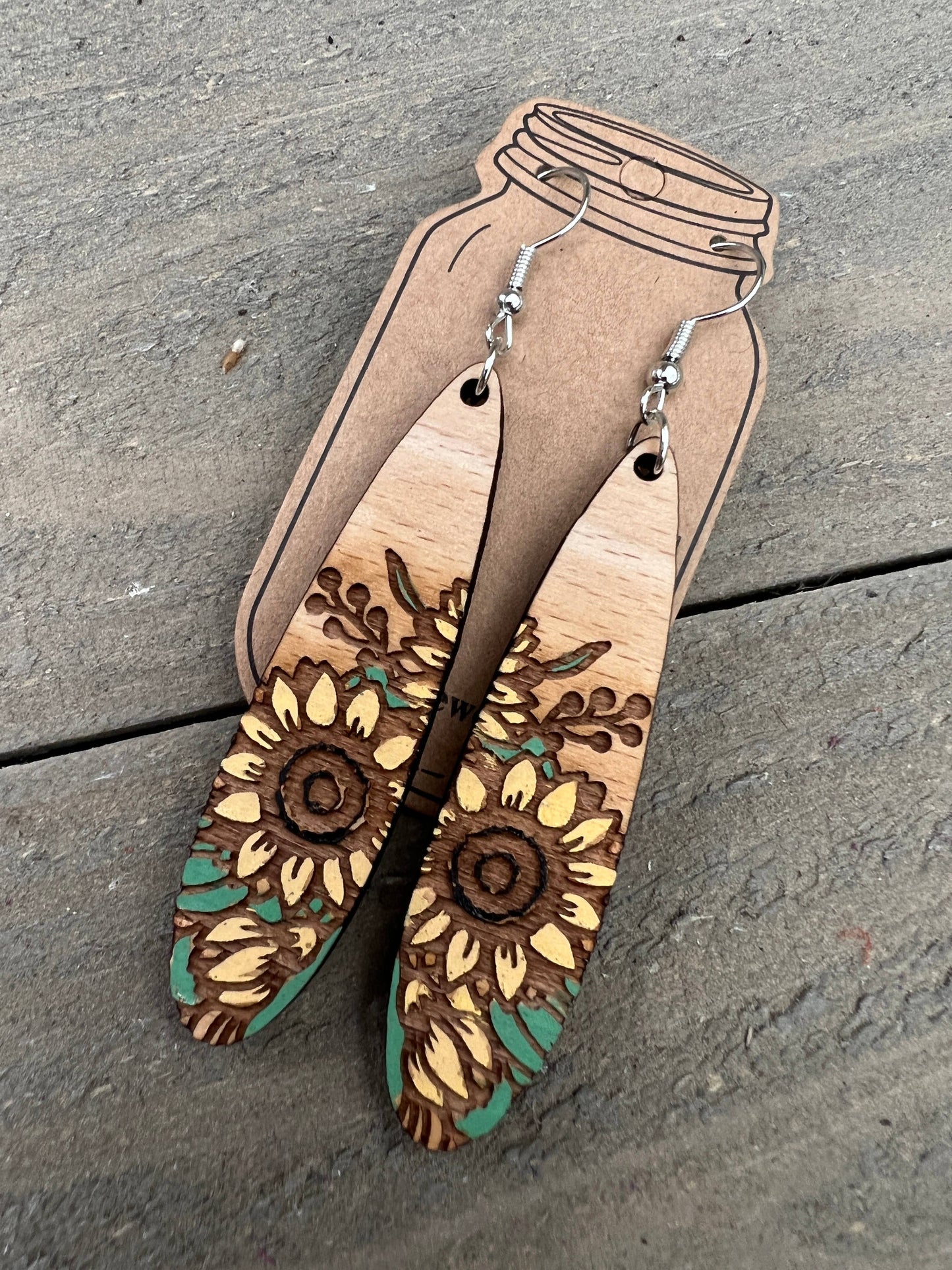 Oval Sunflower Engraved Hand painted Wood Earrings